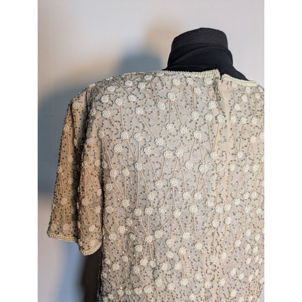 Vintage Beaded Short Sleeve Blouse Cream Floral, Size M - Picture 7 of 11